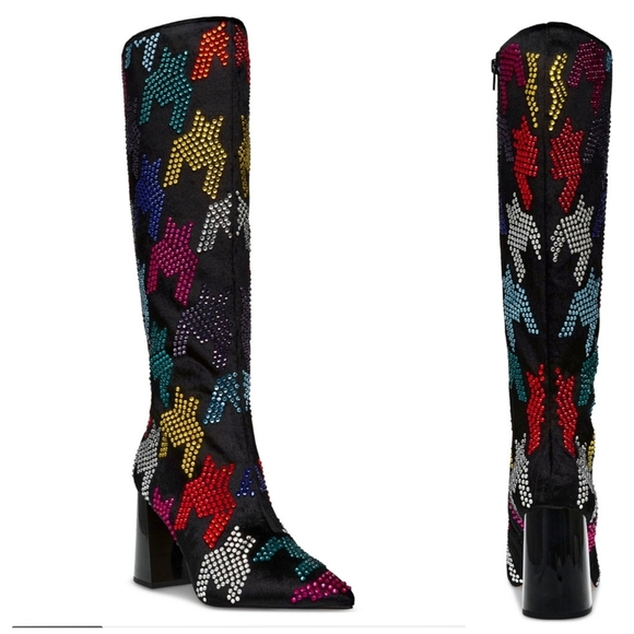 🔹️BETSEY JOHNSON🔹️ Black Multi Naomy Sequin Houndstooth Tall Knee High Boots - Picture 1 of 6